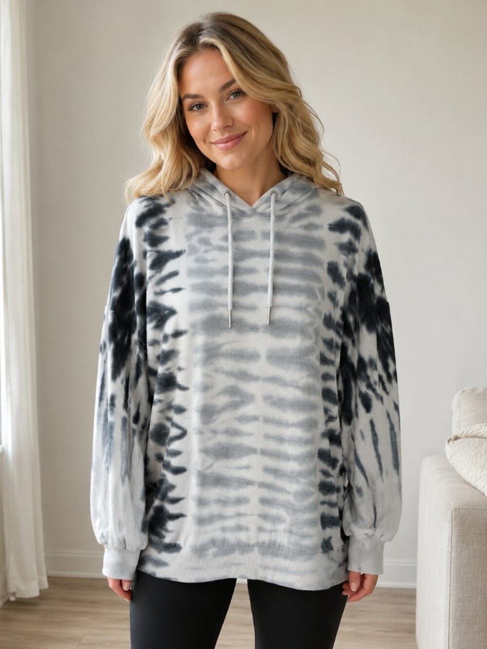Le Verde Tie Dye Pullover Hoodie Gray Black White Size Medium